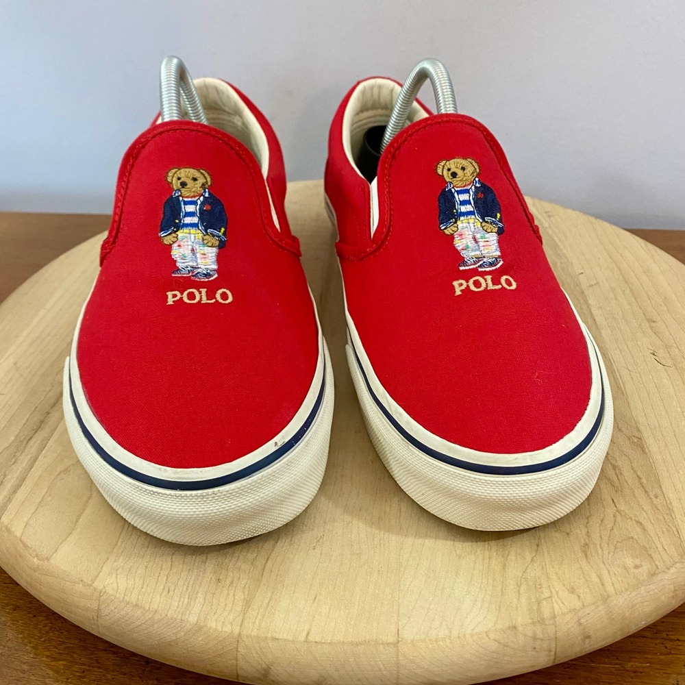 Polo Ralph Lauren Keaton Polo Bear Slip On Canvas Sneakers Shoes Red Mens Sz 9 - Picture 3 of 15